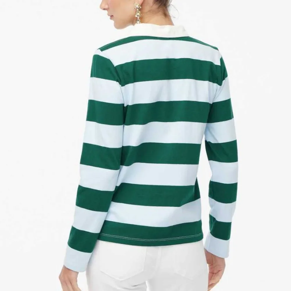 New women's  J Crew Factory long sleeve rugby stripe polo shirt blue green - Picture 3 of 10